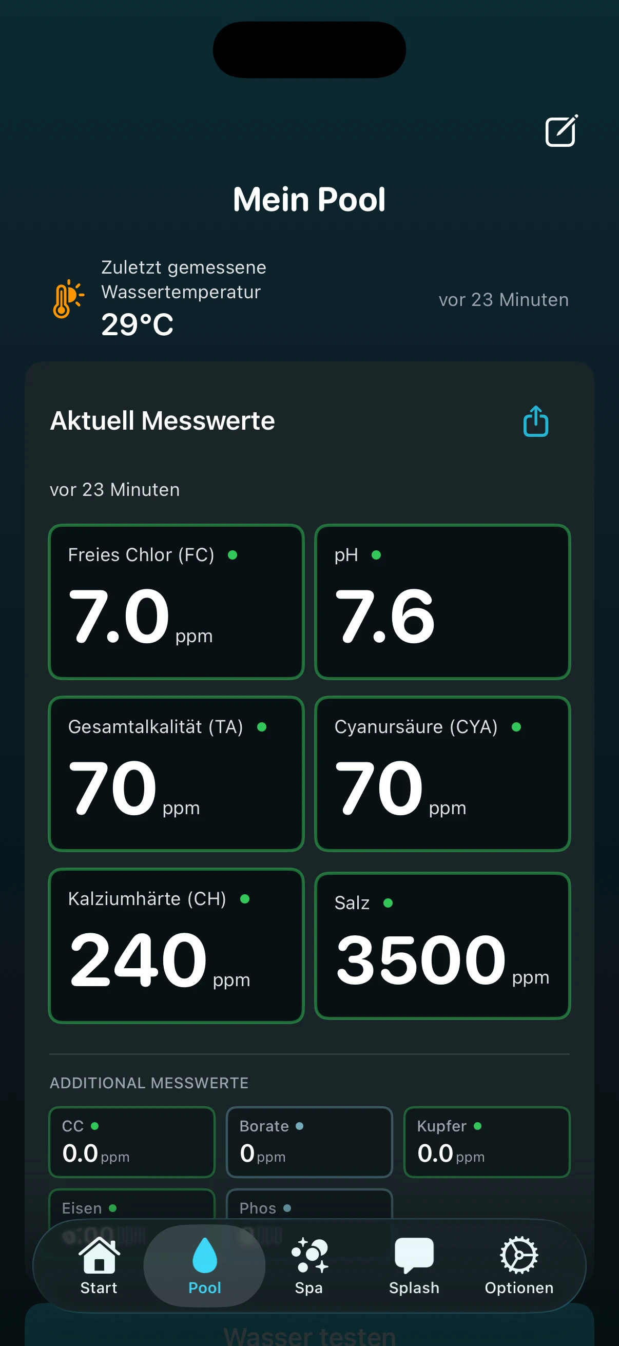 PoolFu Pooldetail-Bildschirm zeigt aktuelle Wasserchemie-Messwerte für Chlor, pH, Alkalinität und mehr