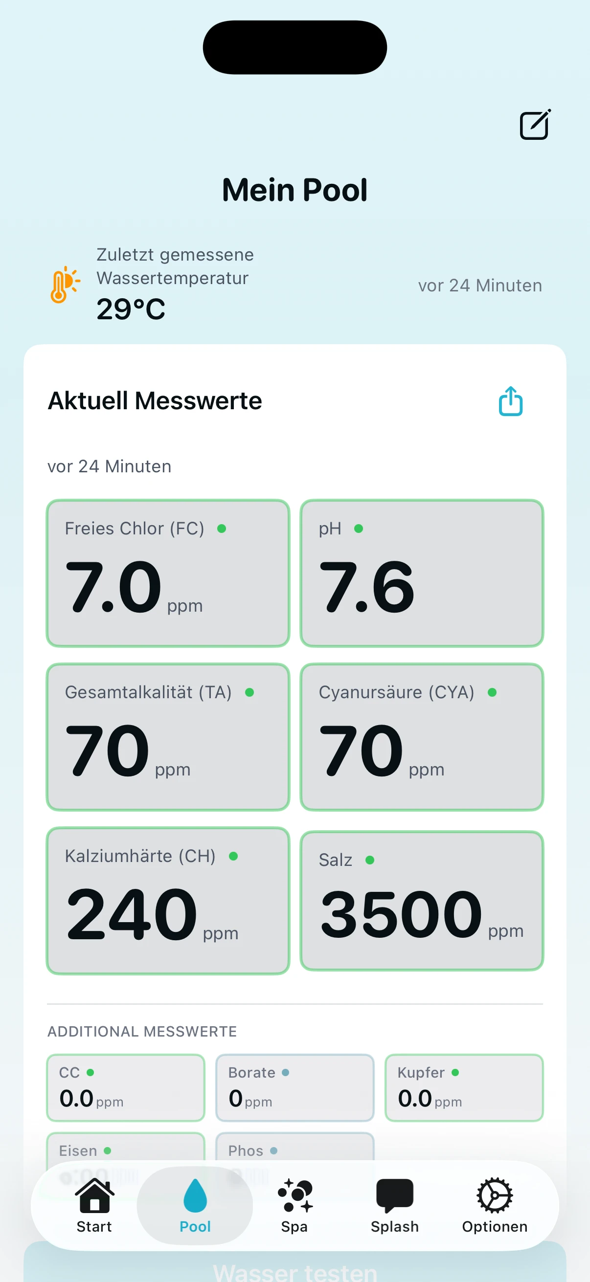 PoolFu Pooldetail-Bildschirm zeigt aktuelle Wasserchemie-Messwerte für Chlor, pH, Alkalinität und mehr