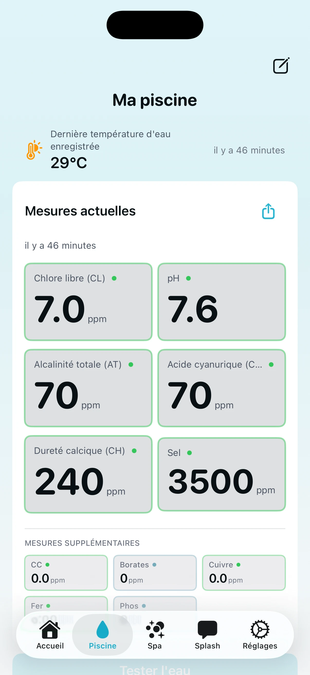 Écran de détail de piscine PoolFu montrant les lectures chimiques actuelles pour le chlore, le pH, l'alcalinité et plus