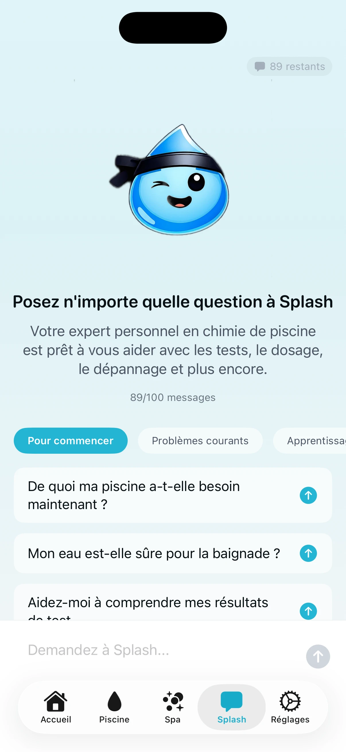 Détail du score de santé PoolFu montrant les scores de paramètres individuels et l'équilibre de l'eau CSI