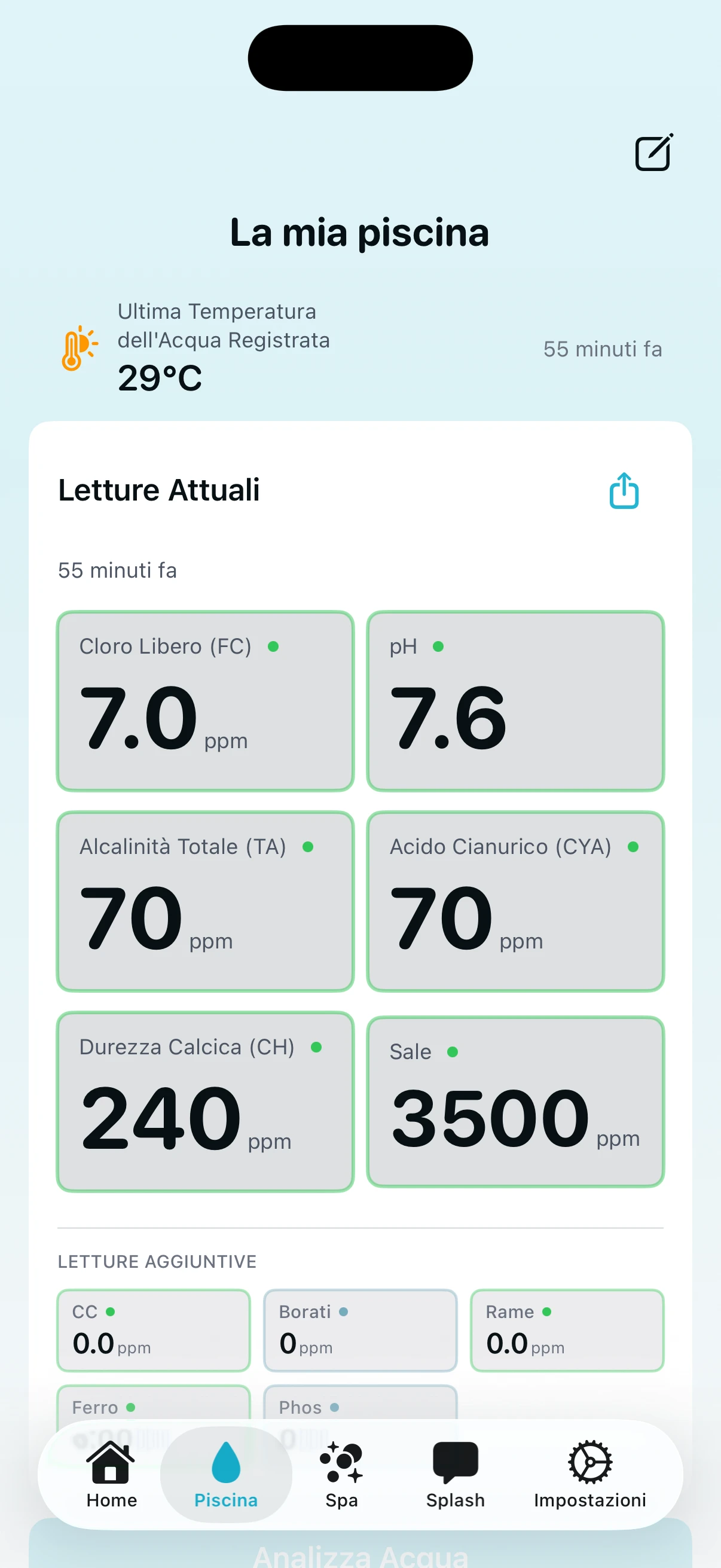 Schermata dettaglio piscina PoolFu che mostra letture attuali della chimica dell'acqua per cloro, pH, alcalinità e altro