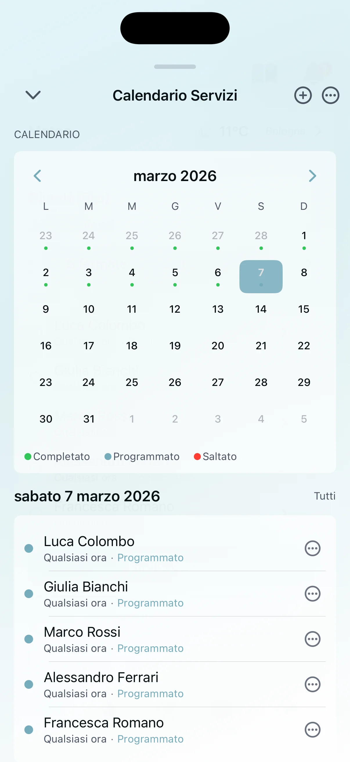 Calendario programmazione servizi