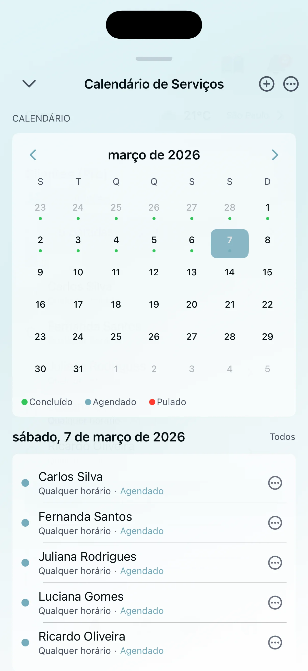 Calendário de agendamento de serviços