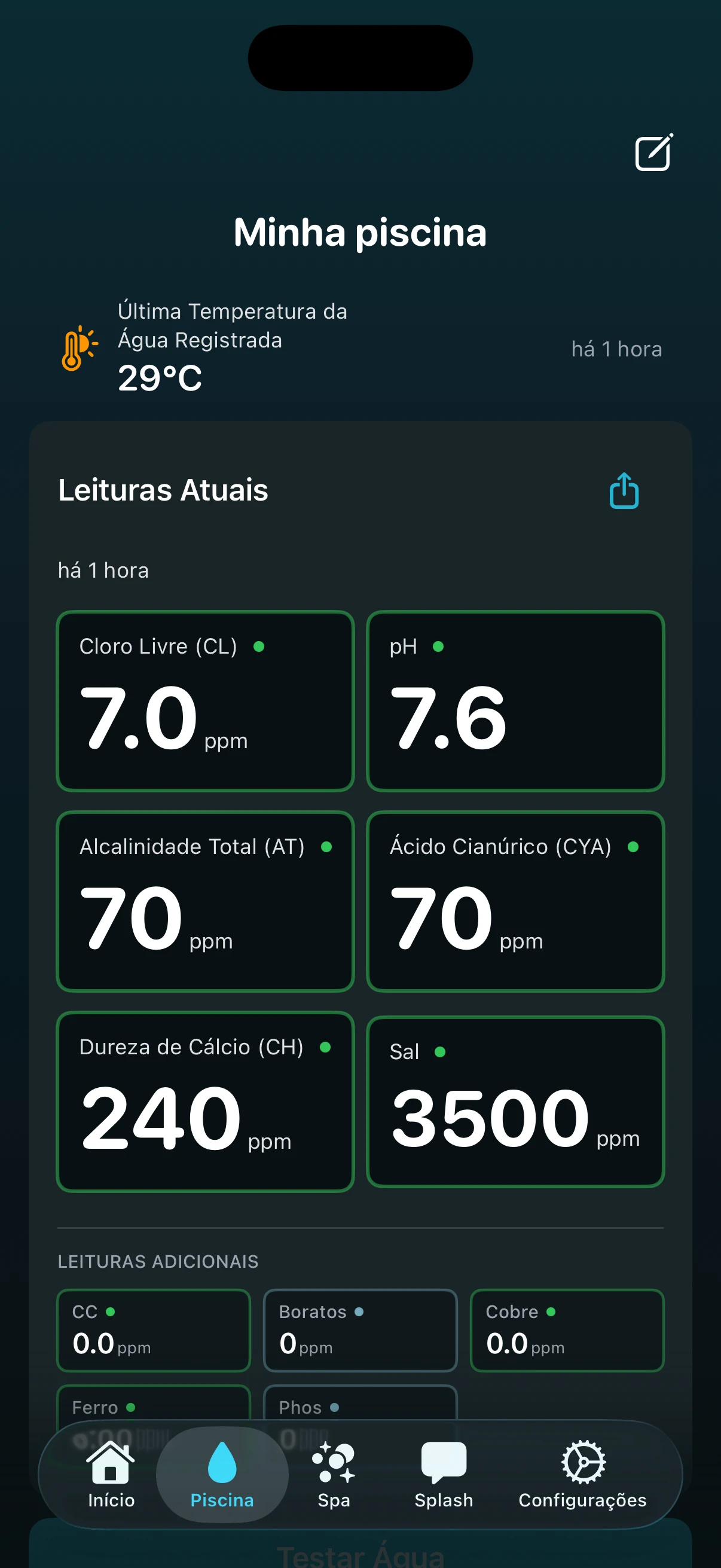 Tela de detalhes da piscina do PoolFu mostrando leituras atuais de química da água para cloro, pH, alcalinidade e mais