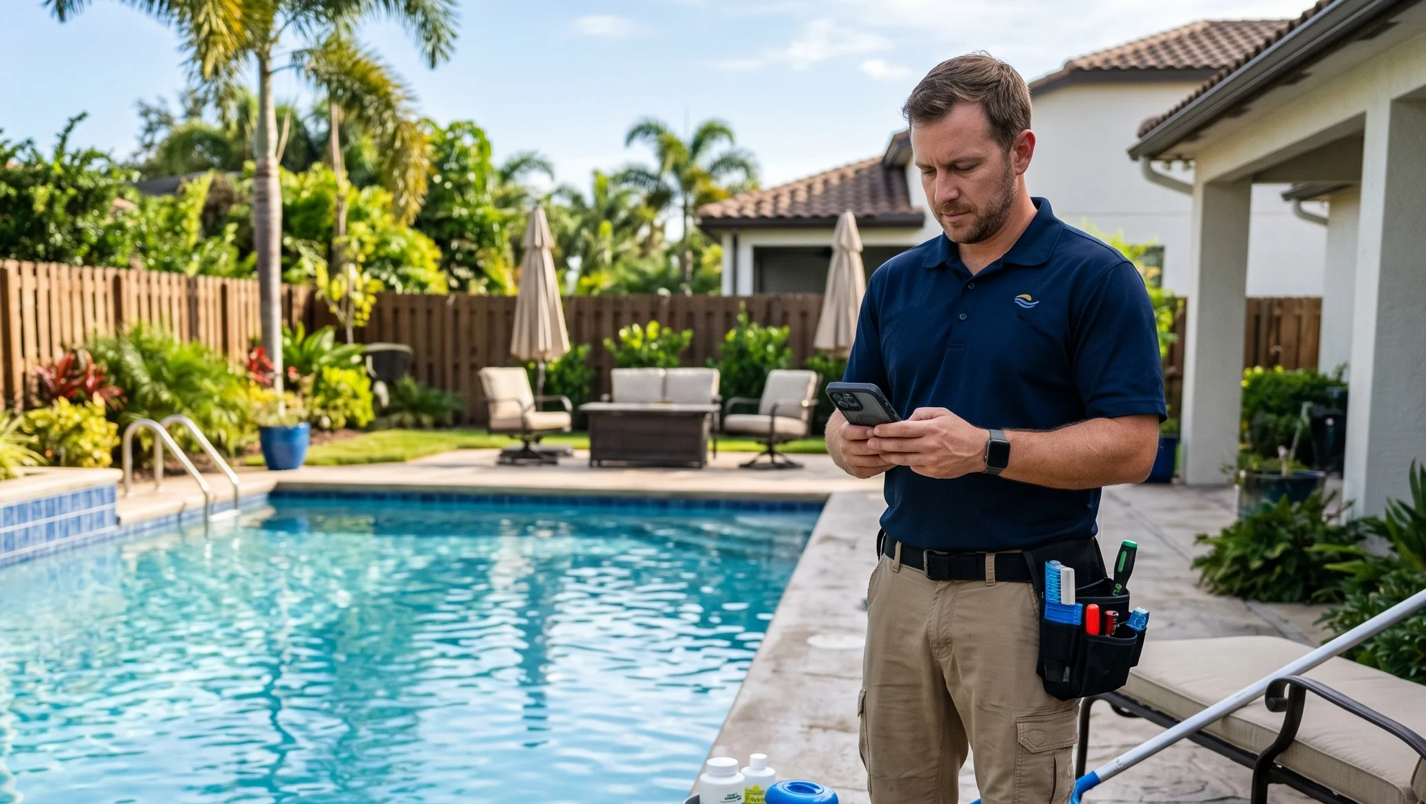 Pool technician servicing a swimming pool with the PoolFu app